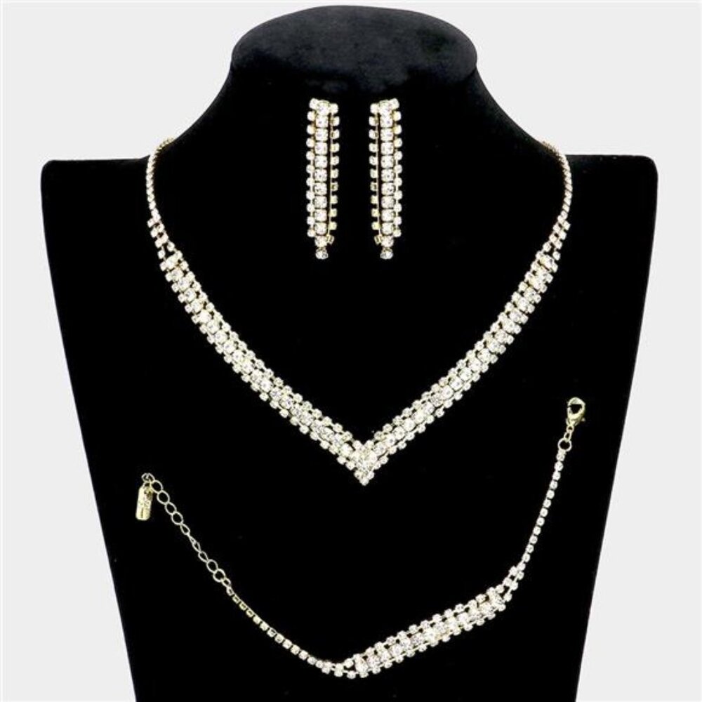 3 Piece Round Stone Detail Rhinestone Necklace Jewelry Set